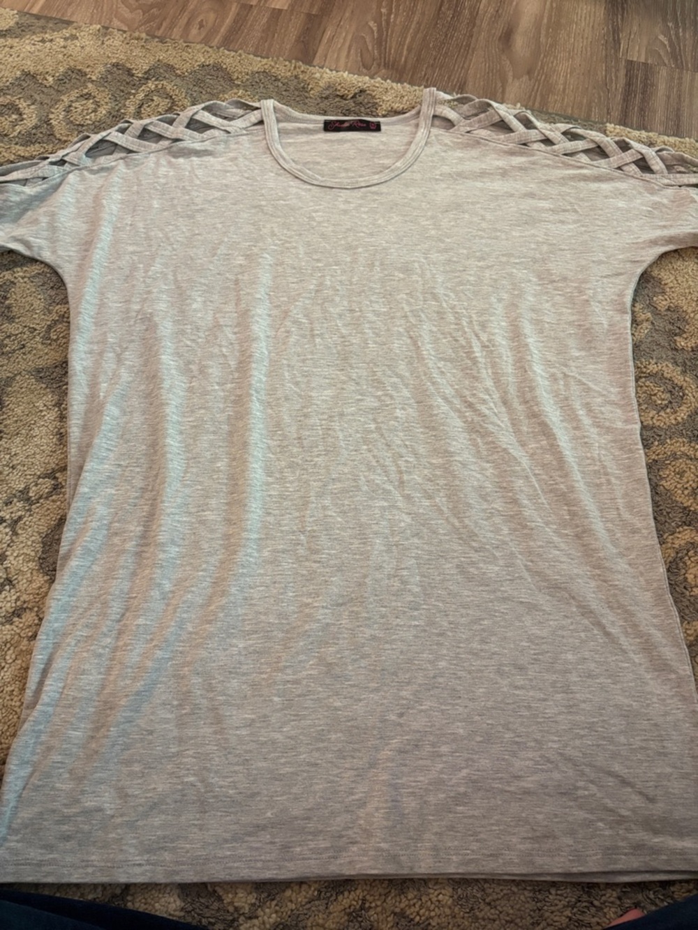 Short Sleeve Tee with Lattice Shoulder Detail in Light Gray